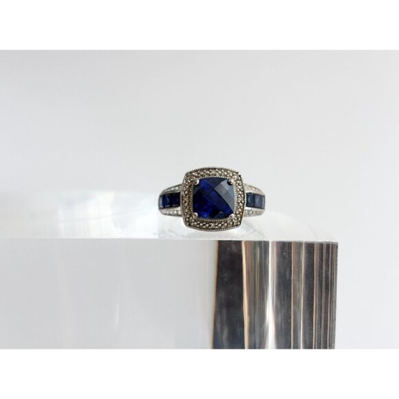 Blue Sapphire Cushion Cut Faceted 925 Sterling Silver Vintage Ring - sz 7 - Picture 2 of 12